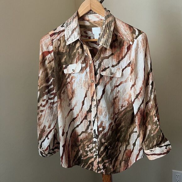 Chico's Tops - Chico's 0 Joceline Top Long Sleeve Shirt Button Sequin Collar Zebra Animal Chic